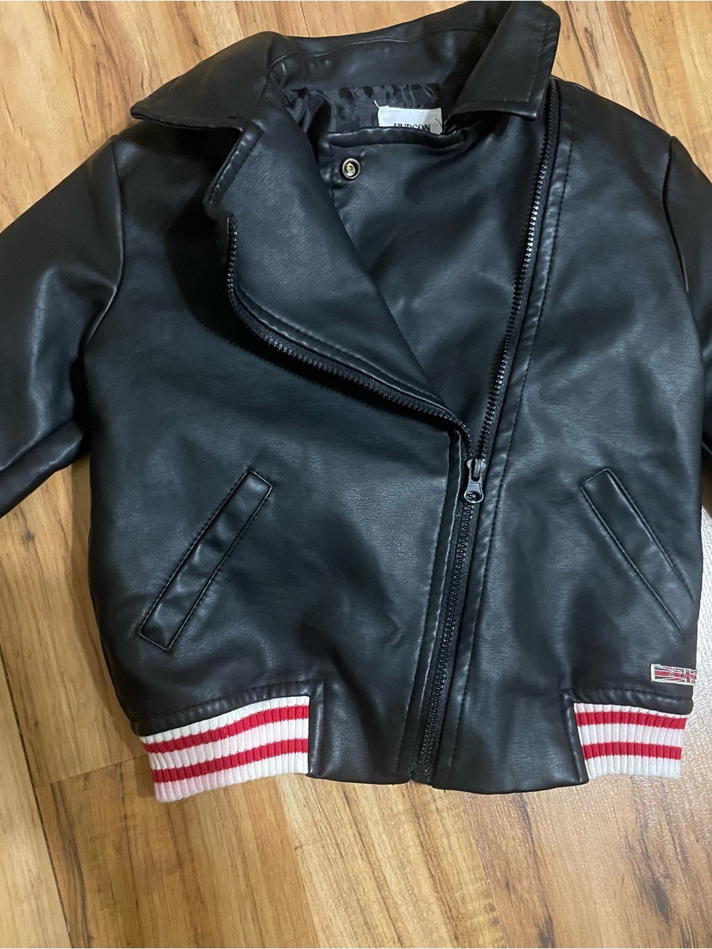 Hudson Jeans Black Faux Leather Moto Jacket with Red and White Trim